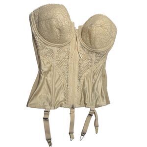 Vintage Lady Marlene Bustier 986 W/Garter 38D Nude Beige Pin Up Silhouette Lace